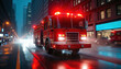 © Viktor - Red fire engine rushes down wet city street at night. Red lights flash intensely on the wet road. Other vehicles move in background city haze.