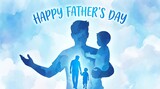 Happy fathers day with silhouette of a man holding a child and smaller silhouettes on a cloudy background
