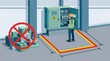 © Anat art - Technician is working at an electrical panel in a designated clearance zone with warning signs and scattered equipment nearby for safety measures.