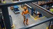 © Le - Futuristic humanoid robot carries a crate in a modern smart industrial warehouse with an AGV, 3D render.