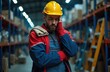 © Viktor - Bearded warehouse worker in hard hat rubs his temples looking tired. Overworked man in uniform feels burnout and stress. He needs rest from manual labor.