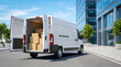 © Monktwins - White delivery van with open cargo doors and parcel boxes, last mile logistics and courier service concept.