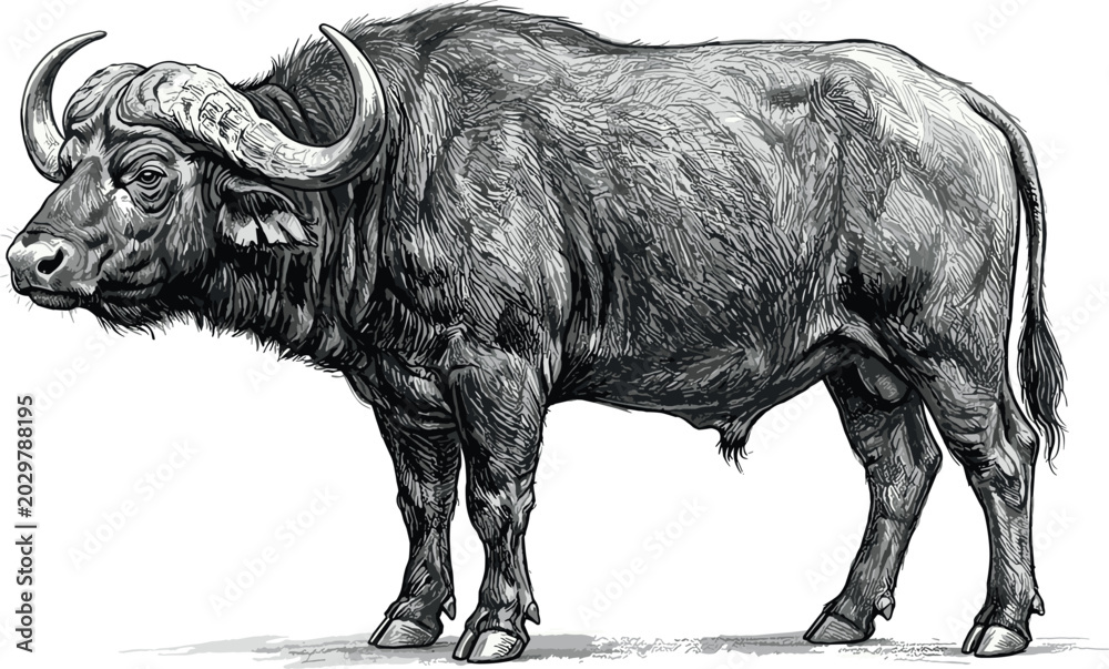 Detailed hand drawn sketch vector illustration of an African buffalo ...