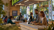 © Maksym - A wide shot of a community credit union branch on a busy morning, diverse clients filling out forms at low counters, staff assisting at desks, natural light from large front windows, perfect for cre
