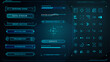 © Антон Сальников - Futuristic cyan HUD asset bundle with system buttons, diagnostics panel, loading metrics, network status bar, target reticle and icon grid layout