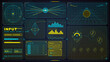 © Антон Сальников - Dark cyan and yellow HUD dashboard with globe scanner, perspective grid, input warning panel, telemetry charts, system log and data modules
