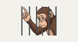 © homesty - Sad chimpanzee behind bars, pointing finger up, with concerned expression