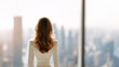 © overrust - elegant businesswoman overlooking city skyline in modern office, luxury corporate interior with woman viewing urban skyline, successful female executive in white suit facing city window