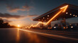 © Kingdola - Fuel Price Surge: An illuminated upward trend graph overlays a silhouetted gas station at sunset, visually representing the escalating cost of fuel and its impact on transportation and energy sectors.