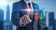 © MopoWe - Cost optimization digital interface featuring growth arrows and quality metrics interacted with by a professional businessman. Ideal for financial software advertising.