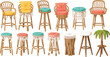 © MdMahfizur - Boho style rattan bar stools set with wicker bamboo counter chairs macrame fringe details colorful cushions palm tree design tropical beach resort vector illustration