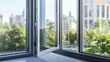 ©  Rayyanza aza - Aluminum profile frames double glazing on construction. PVC metal silver color windows and doors detail cross section. 3D illustration. aluminium protruded profile for windows and doors