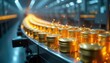 © Maryna - Golden tins move on automated production line. Shiny metallic containers with glowing particles travel through factory. Luxury packaging process for cosmetics or gourmet food.