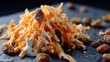 © fivan - A macro close up of carrot shreds and raisins in creamy yogurt dressing, emphasizing texture, color, and freshness on a dark slate surface