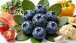 © SRUK BLAZE - Fresh blueberries arranged with healthy raw vegetables and salmon fillet