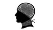 © Olivia - Silhouette of a person's head with a complex brain pattern tied with ropes, representing mental constraint or tangled thoughts, isolated white background.