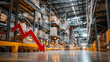 © Kingdola - Warehouse Decline: A red arrow graphs a sharp descent, symbolizing a downturn amidst the ordered rows of a modern warehouse, with boxes stacked high on shelving units.