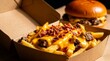 © Studio Fiuza - Appetizing loaded french fries topped with melted cheese, crispy bacon, and beef in a kraft cardboard takeout box.