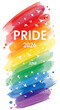 © PhotoArtHub - Rainbow watercolor brush strokes with white birds and text 'PRIDE 2026 JUNE', symbolizing celebration and freedom for LGBTQ+ community