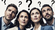 © susral - Group of business people looking up at floating question marks, perfect for problem solving and corporate challenge concepts