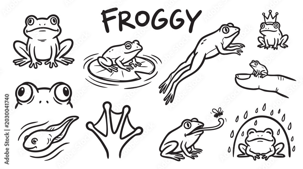 Froggy life cycle and behavior doodles showing various frogs in ...