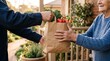 © behrozpayoneer - Meal delivery person handing a nutritious meal bag to a senior at an assisted living homes front entrance with focus on the meal and the elderly hand receiving it while the rest .