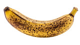 Ripe yellow banana with brown spots, isolated on transparent background
