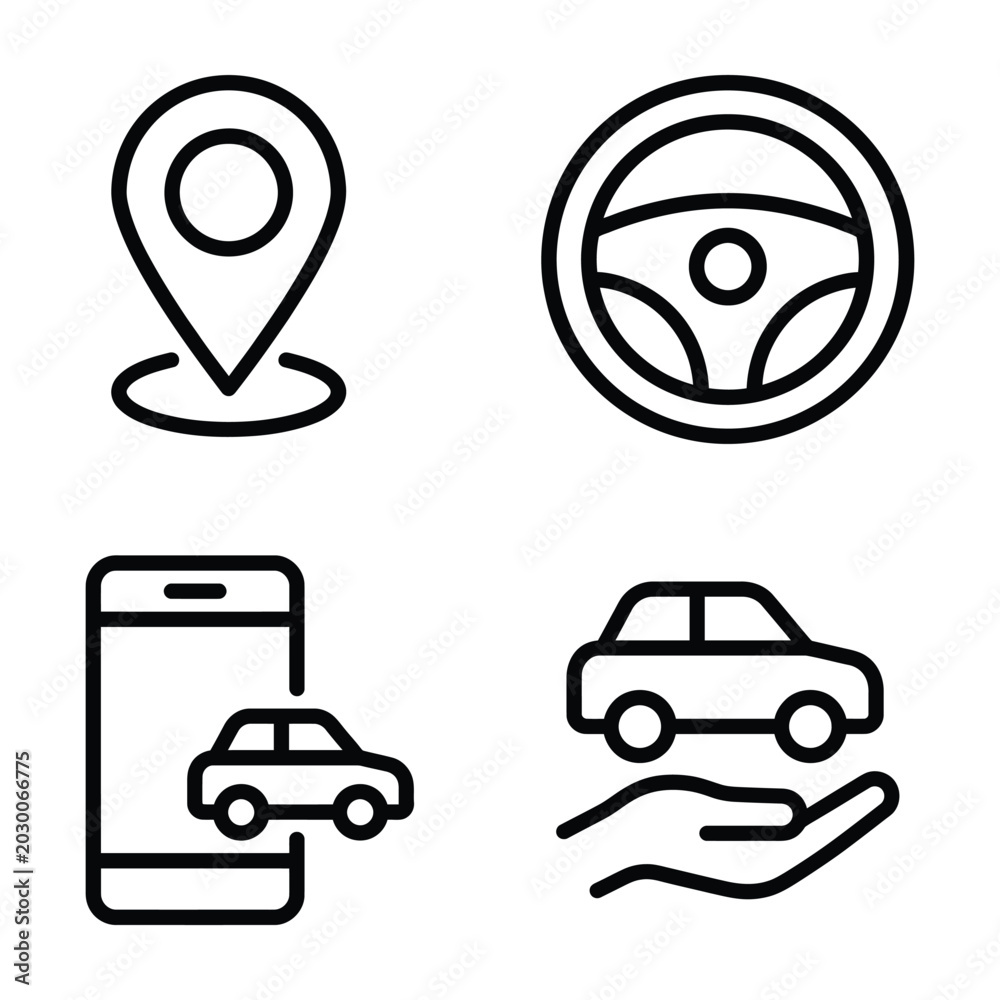 Using Car For Short Distance Icon Car navigation and ride sharing icons with steering wheel navigation ...
