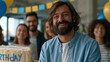 © forenna - Employees gathering spontaneously around colleague's desk to celebrate handmade birthday display, genuine company culture moment, open workspace, balloons and sticky notes, unscripted joy amid daily