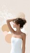 © Мария Фадеева - Elegant summer beauty portrait of a woman in a white strapless dress fixing hair for background and poster design, soft pastel wellness and fashion concept