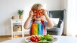 © Hammad - Happy child in a rainbow apron holding red bell pepper slices over eyes like glasses with a plate of healthy vegetables including tomatoes and cucumbers on table