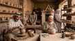 © Xenia - Middle Eastern artisans working in a traditional pottery workshop. Arab men and women shaping clay on a wheel and painting ceramic bowls