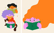 © Marina Zlochin - Colorful poster and banner with cute children and cat reading books. Doodles series for book fair, festival, bookshop and back to school design