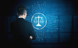 © InfiniteFlow - Futuristic digital law interface displaying justice scale, highlighting digital law, AI compliance, digital law systems, and digital law regulations for secure governance. Spline