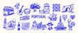 © Saiid-Designs - Portugal Cultural Icons Montage: A vibrant collection of hand-drawn blue and white illustrations showcasing the rich culture and iconic landmarks of Portugal.