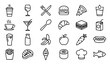 © Hosneara - Cafe and restaurant food line icon vector set with fast food bakery drinks fruits meat and chef hat isolated on white background
