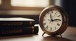 © Lo - Antique brass alarm clock with roman numerals resting beside a stack of vintage books