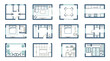 © Garu - Collection of twelve different floor plan layouts for apartments and houses.