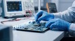 © Liam - Electronics repair and maintenance concept, technician hands soldering microchip on circuit board with oscilloscope in background, computer hardware troubleshooting and
