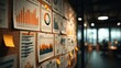 © TRIMAH - Business charts and data reports pinned on corkboard in modern office interior with bokeh lighting