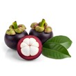 © MOHAMMADLUTFOR - Mangosteen fruit sliced in half, showing white flesh, two whole fruits, green leaves.