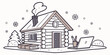 © Mithila - Log cabin retreat in winter landscape with laptop and books logcabin technology landscape illustration creative structure building seclusion freelance learning workspace computer seasonal