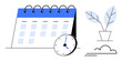 © robu_s - Time management, productivity, organization, scheduling, planning, work-life balance. Calendar and clock next to a plant. Time management and productivity concept