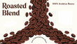 © Liakum - An illustration of roasted coffee beans forming a three-way pour, with text indicating 'Roasted Blend', '100% Arabica Beans', and 'Rich & Balanced Dark Roast' on a light background.