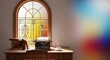 © Paul - Antique wooden desk by a tall window with iron railings, featuring a vintage typewriter, steaming cup of coffee, and stacks of old books, railing, office, sunlight