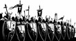 © M - Viking Warriors Army Formation, Shields and Spears, Black and White Illustration