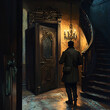 © thanit - Mysterious encounter in an abandoned manor dimly lit hallway digital art gothic atmosphere intriguing perspective