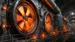 © RISHAD - Industrial close-up of massive glowing ventilation fans in an underground utility sector with orange warning lights and steel surfaces.