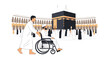 © Fahru Rochim - Man in white attire pushing a person in a wheelchair towards the Kaaba during Hajj pilgrimage in Mecca with crowd in background