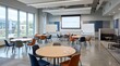 © Nawab - Modern corporate conference room with round tables, bright office interior for collaborative workshops, contemporary seminar space with projection screen